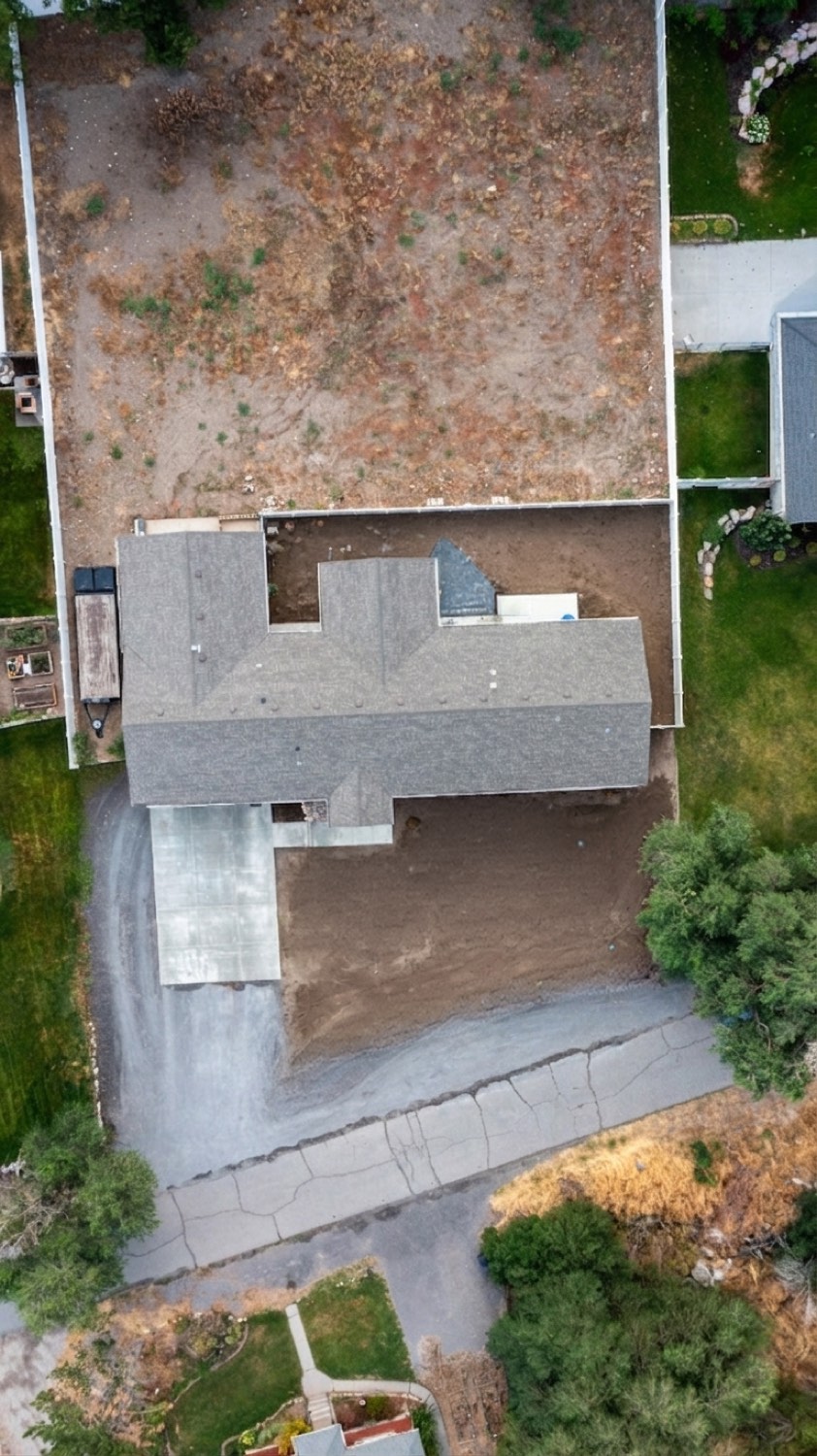 The same yard before, bare dirt and weeds
